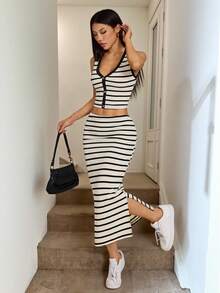 SHEIN PETITE VKing Colorblock Striped Casual Vacation Elegant Street Style Women's 2-Piece Set, Includes Front Button Vest And Side Slit Bodycon Skirt, Spring/Summer - Black - View 1