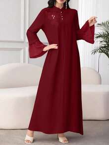 Al Najma 拼接装饰立领网纱拼接宽松长袖女式连衣裙 - 酒紅色 - 查看 4