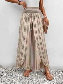 SHEIN Frenchy Allover Print Knot Waist Tulip Hem Wide Leg Baggy Cross Over Pants - Apricot - View 4