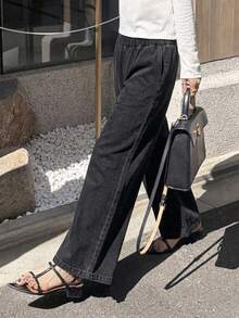 DAZY Elastic Waist Wide Leg Jeans - Black - View 8
