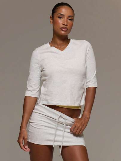 MUSERA ESSENTIALS Cotton Blended V Neck Quarter Sleeve Loose Fit Top Tshirt Cute Everyday Basics Sexy Daily Spring Summer Essential