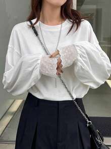 FRIFUL 女款休閒百搭純色蕾絲袖口長袖T恤 - 白色 - 查看 5