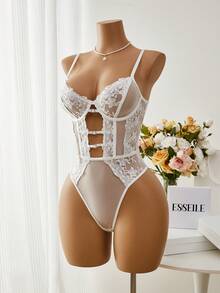Esselle 1件装女士性感花卉刺绣网纱连体衣 - 白色 - 查看 5