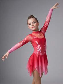 SHEIN Vestido de patinaje artístico de manga larga color rojo real para niñas, con diseño de cristales y estampado, corte ajustado de alta elasticidad y falda de malla transparente suave, diseñado para fluidez y brillo durante la práctica de patinaje, competiciones grupales y entrenamiento - Rojo - Ver 4