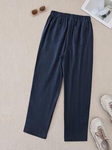 SHEIN LUNE CURVE 大码女式纯色休闲日常纽扣口袋直筒裤，夏季棉麻裤 - 藏蓝色 - 查看 2