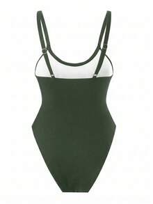 Swim  Traje de baño de una sola pieza para mujer con diseño de unicolor, tirantes, parches de malla, sexy y con recortes, estilo bohemio para festivales - Verde - Ver 5