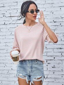 EMERY ROSE Raglan Sleeve Striped Print Tee Graphic Tees Women Tops - Pink - View 6
