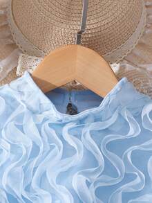 Vestido de niña sin mangas de unicolor, elegante, con textura, cuello redondo y volantes, cómodo para usar en verano, en la escuela o en fiestas - Azul - Ver 6