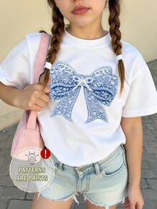 Blue And White Stripe, Summer, Cute, School, Back-To-School Tween Girls Fresh Bow Decor Pattern Print Basic Short T-Shirt, Casual Creative Personalized Minimalist - White - View 4
