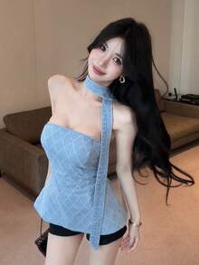 Joudiya 春夏音乐节时尚格子抹胸露脐上衣，荷叶边下摆，收腰设计，适合婚礼、派对、舞会礼服等场合，优雅休闲牛仔衬衫 - 淺色水洗藍 - 查看 5
