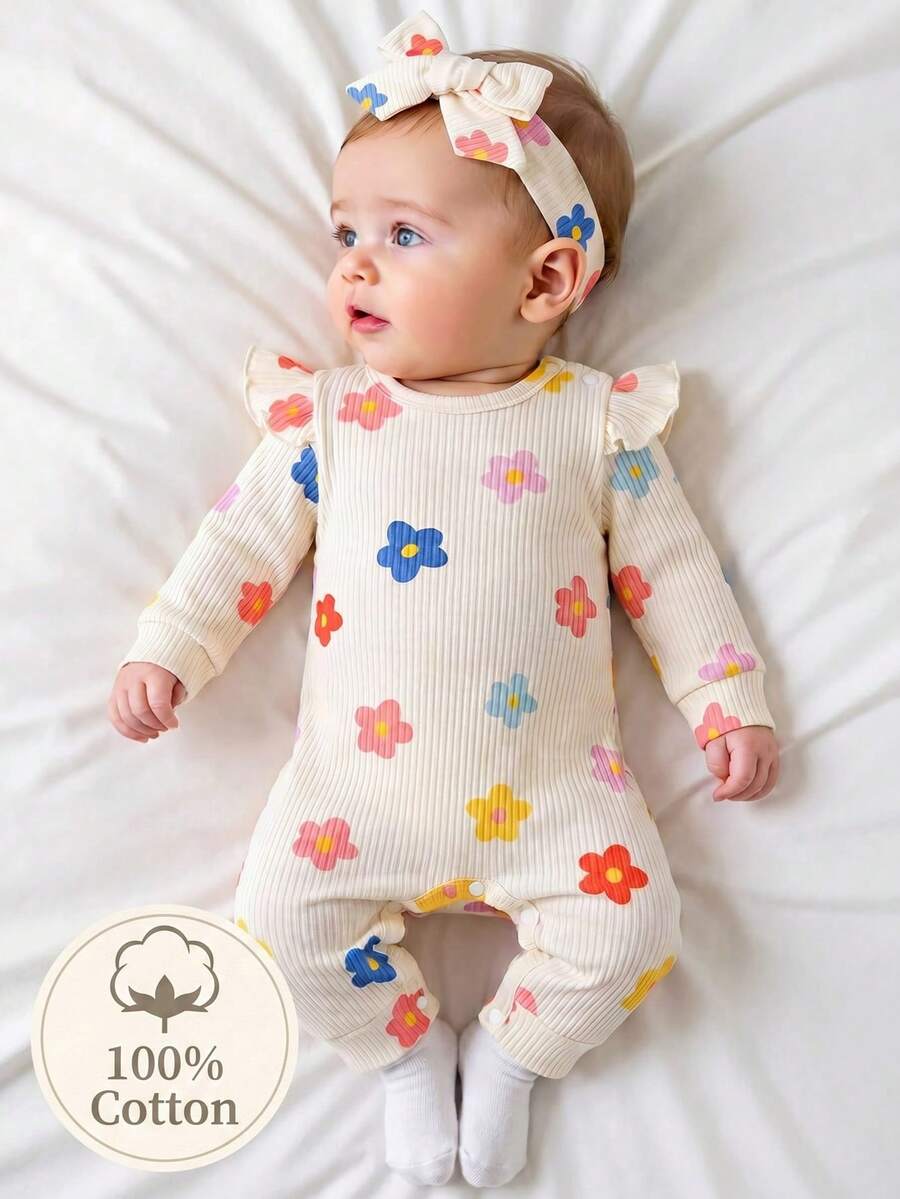 SHEIN Playful Pals 彩色卡通印花新生儿爱心图案连体衣,舒适针织连体裤配发带,休闲家居服 - 杏色 - 查看 1