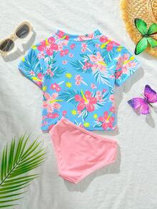SHEIN Bộ đồ bơi tay ngắn in họa tiết thực vật cho bé gái, kiểu dáng ôm vừa vặn, phong cách thường ngày, phù hợp để bơi và đi nghỉ dưỡng - Nhiều màu - Xem 2