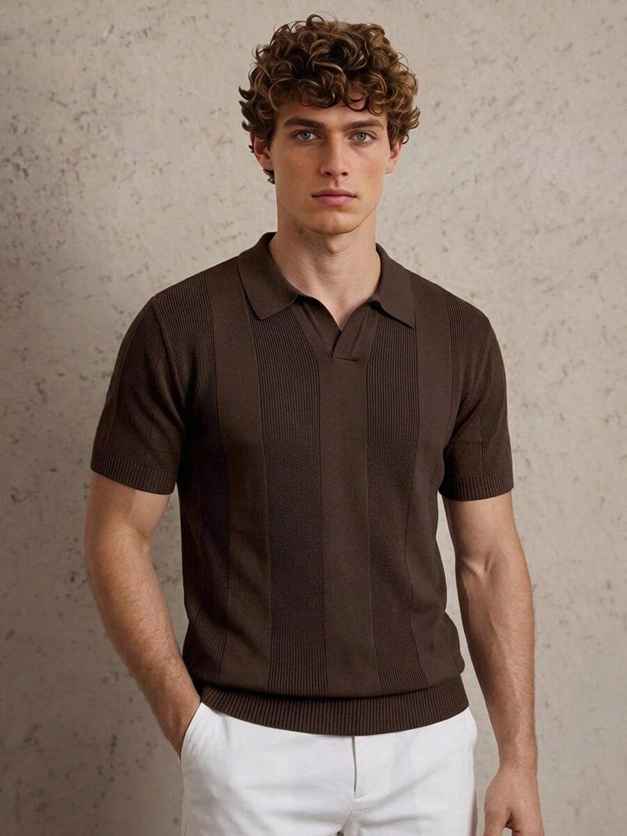 Manfinity CityGents Áo polo nam tay ngắn, cổ kéo khóa nửa thân, kiểu dáng thường ngày, màu nâu, thích hợp cho công sở. Áo thun nam màu nâu, áo sơ mi nam dệt kim, áo kiểu nam thường ngày, áo dệt kim nam. - Màu nâu Sô-cô-la - Xem 1