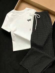 SHEIN EZwear 两件套：刺绣圆领短袖上衣和条纹印花长裤，休闲款 - 黑色 - 查看 3