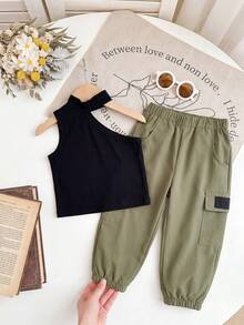 Baby Girl Solid Halter Tee & Flap Pocket Side Cargo Pants Without Belt - Multicolor - View 1