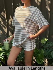 SHEIN PETITE CURVE Plus Size 2PCS Women's Loose Striped Round Neck T-Shirt And Elastic Waist Pants, Brown, Summer, Basic, Casual, Vacation Loungewear Faux Sweater Gym - Multicolor - View 4