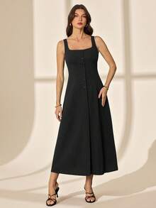 SHEIN Tall Đầm midi dáng chữ A cổ vuông xếp ly, cúp ngực xẻ cao, hở lưng, thắt nơ ở eo, làm từ vải cotton chải kỹ, kiểu dáng thanh lịch, thích hợp cho kỳ nghỉ, dạo phố, đầm ôm sát cơ thể dành cho nữ. - màu đen - Xem 6
