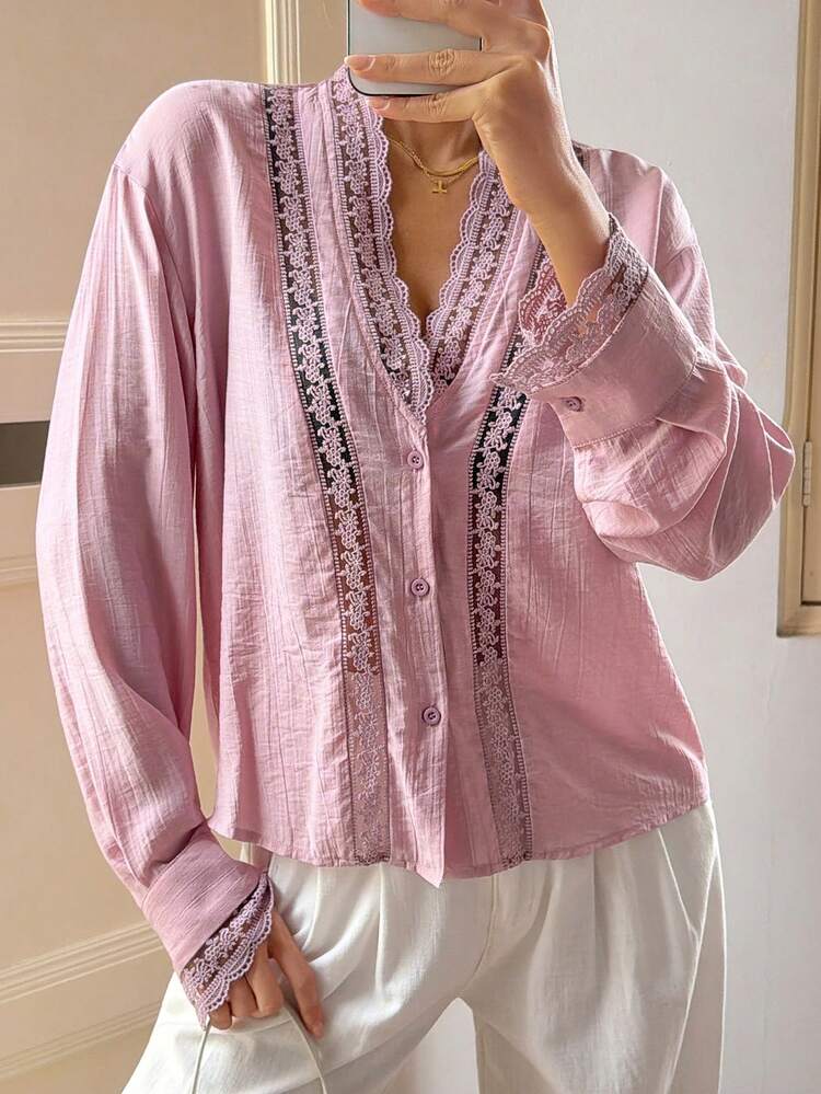 Women's Solid Color Contrast Lace Long Sleeve Single-Breasted Fashion Blouse