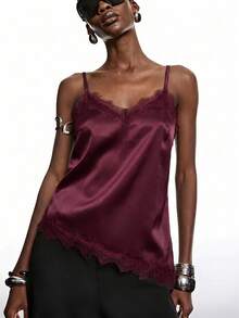 LYSMO Elegant Burgundy Summer Lace Satin Shiny Blouse,Lace Trim Camisole For Night Out Party,Graceful Women's Top,Christmas New Year Shiny Shirt - Burgundy - View 3