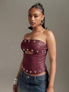 Denimoi Studded Faux Leather Corset Top Sexy Tops Strapless Corset GNO Concert Outfits Clubwear - Burgundy - View 4