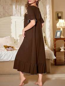 SHEIN 女款休閒蕾絲拼接方領泡泡袖寬鬆長款睡袍 - 棕色 - 查看 2