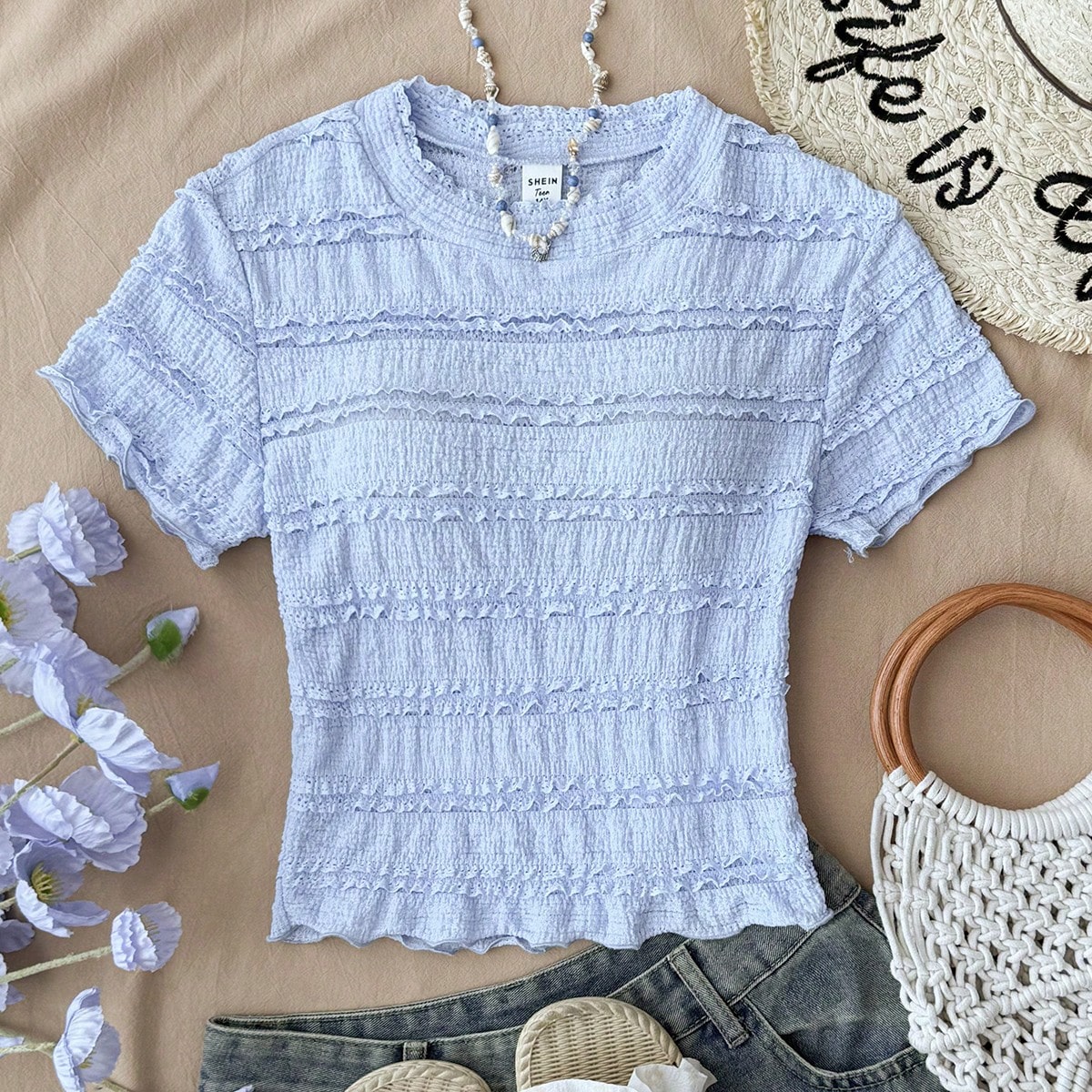 Camiseta de manga corta de cuello redondo de punto texturizado para adolescentes, camiseta casual versátil, adecuada para primavera y verano, azul cl