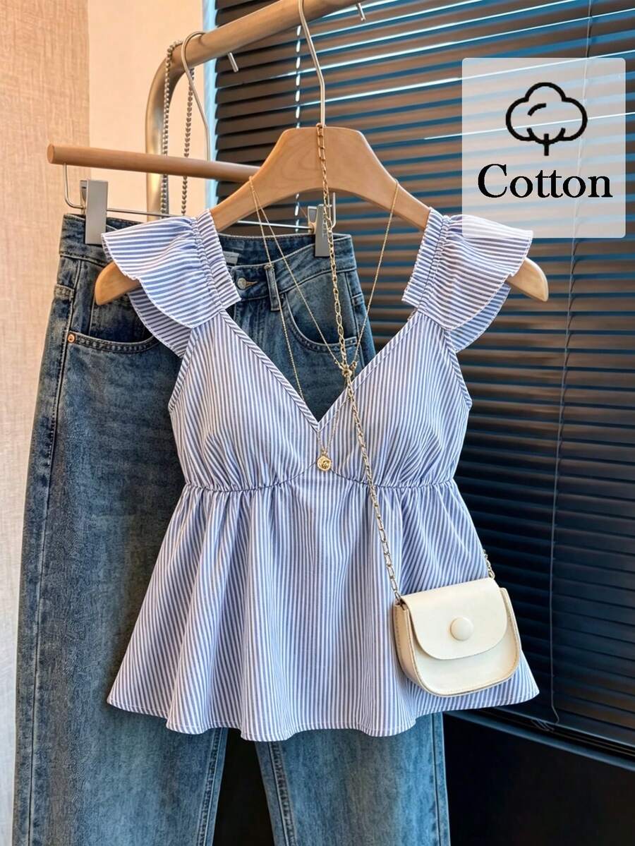 SHEIN Franclia Áo croptop cổ thấp hở lưng, màu xanh dương kẻ sọc dễ thương, viền bèo nhún, gợi cảm. - Màu xanh lam - Xem 1