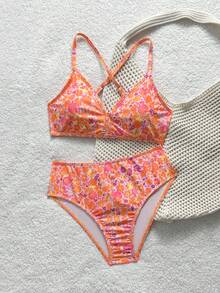 SHEIN 少女休闲沙滩度假复古撞色交叉绑带比基尼套装，海军蓝 - 彩色 - 查看 7