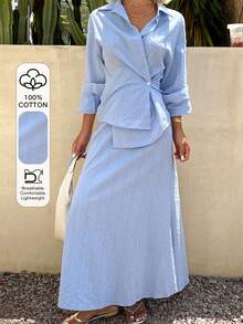 DAZY Conjunto de 2 piezas de camisa larga y falda azul, informal para primavera y verano, conjuntos de descanso para mujeres - Azul - Ver 6