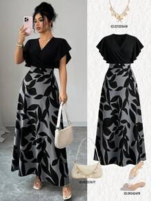 Elenzga Đầm nữ thanh lịch màu đỏ tía họa tiết lá cây, tay ngắn nhún bèo, dáng ôm xòe, thích hợp cho mùa xuân/hè. - Nhiều màu - Xem 3