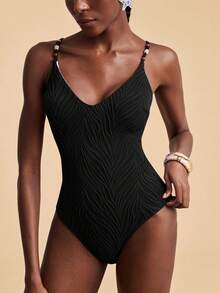 Travachic Women's Summer Beach Vacation Textured Fabric Beaded Spaghetti Strap One-Piece Swimsuit - Black - View 7