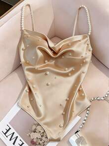 Franclia Women's Elegant Faux Pearl Decor Camisole Bodysuit, Summer - Champagne - View 1