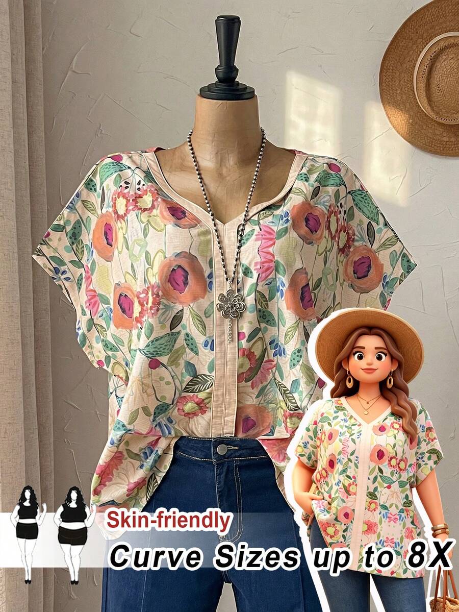 SHEIN CURVE+ Plus Size Women Floral V-Neck Batwing Short Sleeve Casual Shirt Summer Top Summer Summer Spring Spring Women Spring Country Style For Women - Multicolor - View 1