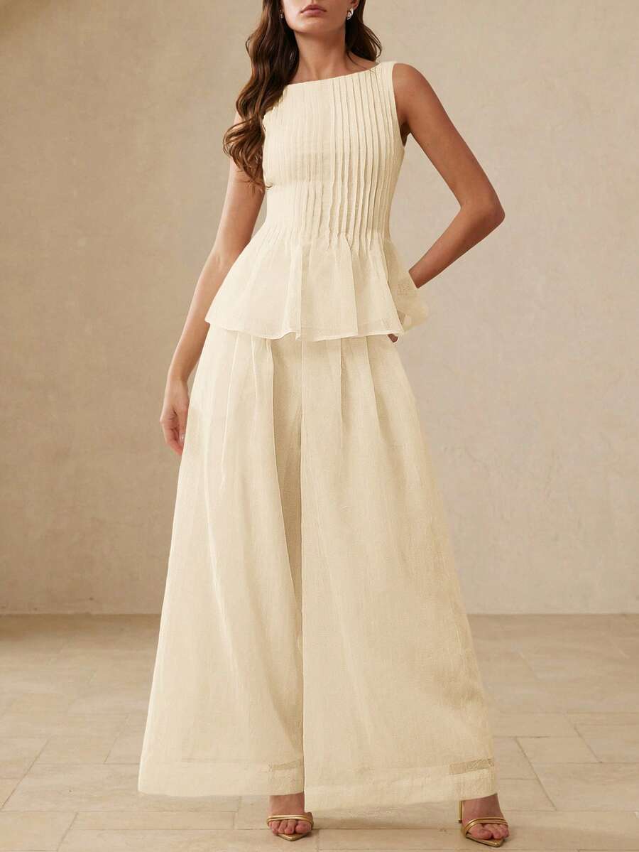BELROSIE Casual Chic Commuting & Vacation Loose Linen Sleeveless Top With Ruffle Hem Paired With Wide Leg Pleated Pants 2 Pieces Set - Beige - View 1