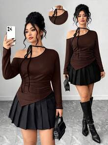 Elenzga Plus Size Women's Color Block Asymmetric Hem Long Sleeve T-Shirt With Bow Tie - Brown - View 1