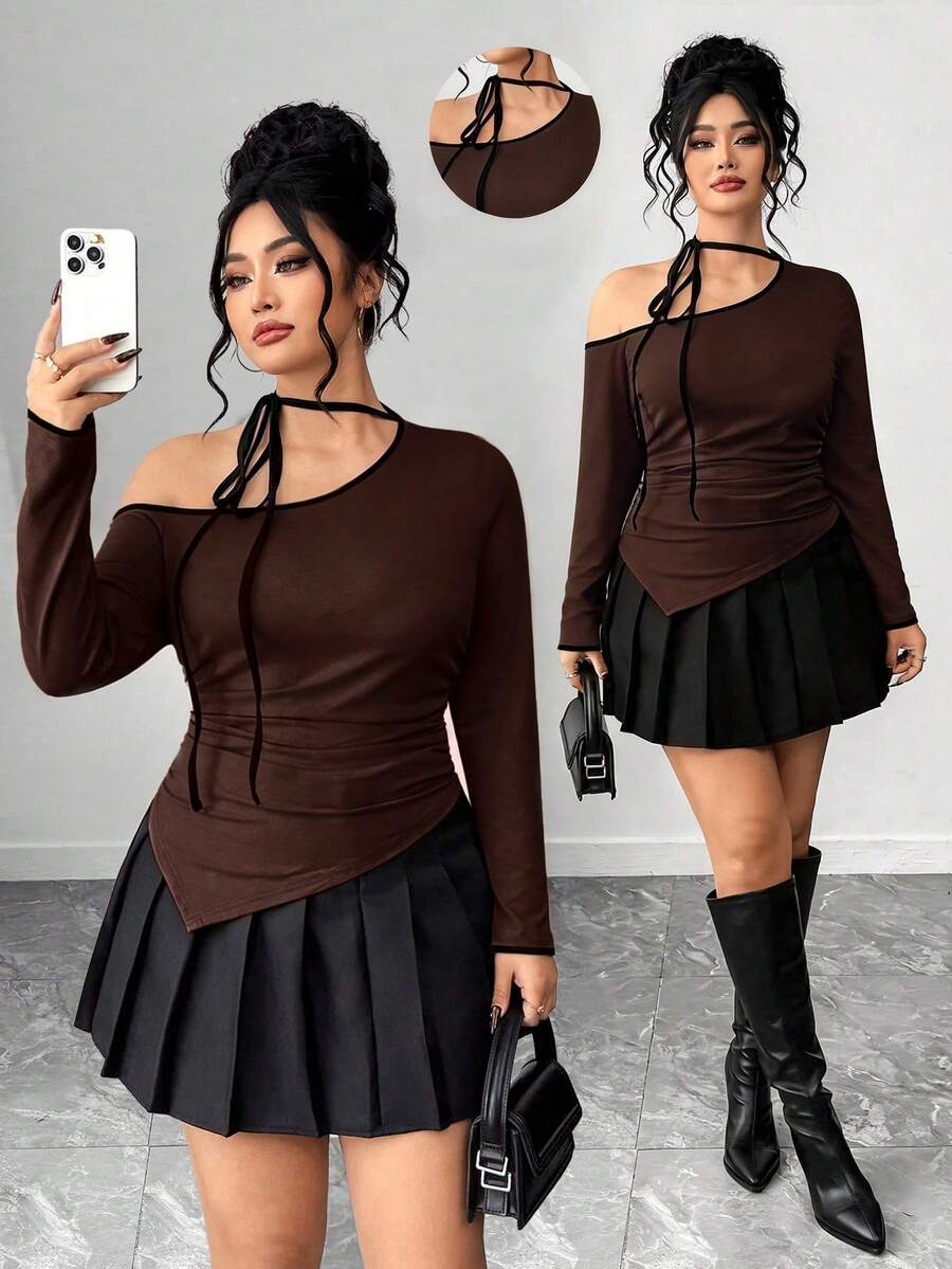 Elenzga Plus Size Women's Color Block Asymmetric Hem Long Sleeve T-Shirt With Bow Tie - Brown - View 1
