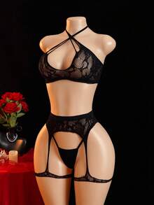 ChaseTheNight 3pcs Women's Sexy Hollow Out Backless Halter Sheer Mesh Lingerie Set For Women,Adult ,Honeymoon,Hot,Date Night, Sexy Lingerie,Sexy Outfit - Black - View 9