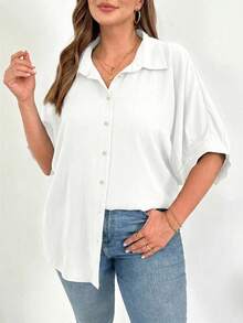 SHEIN Essnce Áo sơ mi nữ cỡ lớn thời trang xuân hè, dáng rộng thoải mái, đa năng, ôm nhẹ, màu đen cài nút, kiểu dáng đơn giản, thích hợp mặc hàng ngày, áo kiểu công sở, áo đồng phục giáo viên. - trắng - Xem 3