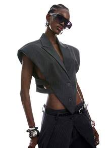 LYSMO 2026 New Arrive Minimalism Business Casual Spring/Summer Women's Dark Grey Lapel Sleeveless Short Summer Thin Blazer Office Night Out Punk - Dark Grey - View 3
