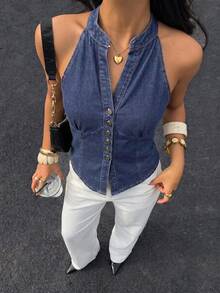 Siren Gaze Áo sơ mi denim cổ yếm cài nút phía trước dành cho nữ, kiểu dáng thường ngày, thích hợp cho mùa hè. - Màu xanh lam - Xem 3