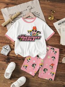 THE POWERPUFF GIRLS X SHEIN Bộ đồ thường ngày thoải mái cho bé gái tuổi teen, gồm áo thun và quần short in chữ hoạt hình ngộ nghĩnh, thích hợp đi làm, mùa hè. - trắng - Xem 1