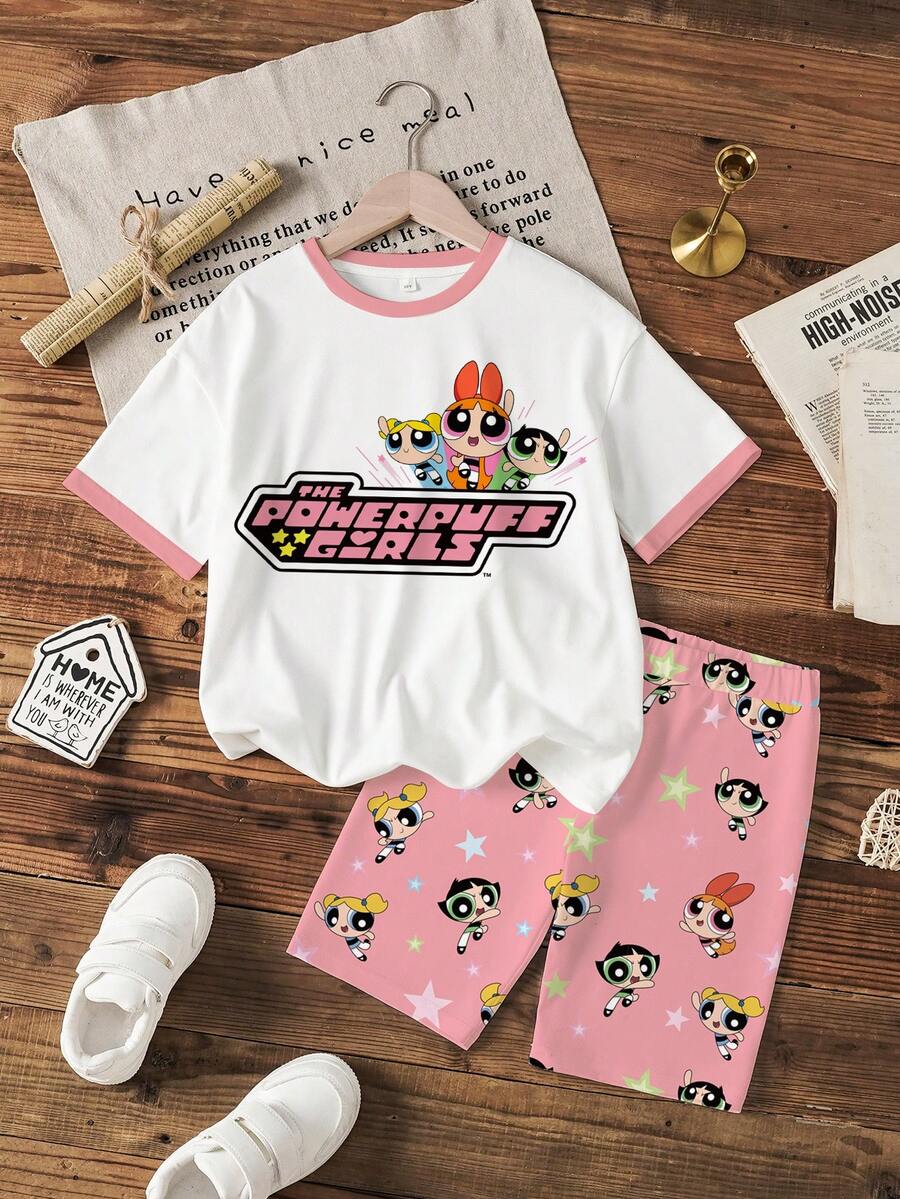 THE POWERPUFF GIRLS X SHEIN Bộ đồ thường ngày thoải mái cho bé gái tuổi teen, gồm áo thun và quần short in chữ hoạt hình ngộ nghĩnh, thích hợp đi làm, mùa hè. - trắng - Xem 1