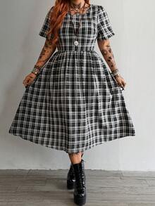 Whyspr Vestido midi de manga corta y cuello redondo a cuadros - Negro - Ver 5