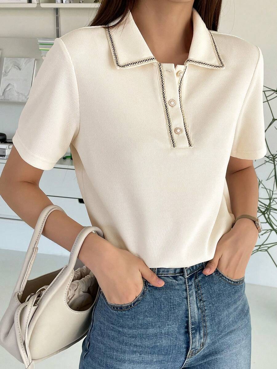 DAZY Polo Neck Contrast Trim Half Button Tee - White - View 1