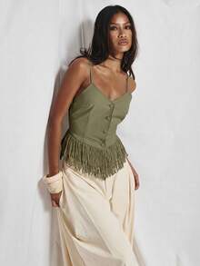 MUSERA V Neck Button Through Tailored Style Fringed Tassle Hem Top Cute Holiday Sexy Night Out Vacation Spring Summer Elegant Soleil Drape - Khaki - View 1