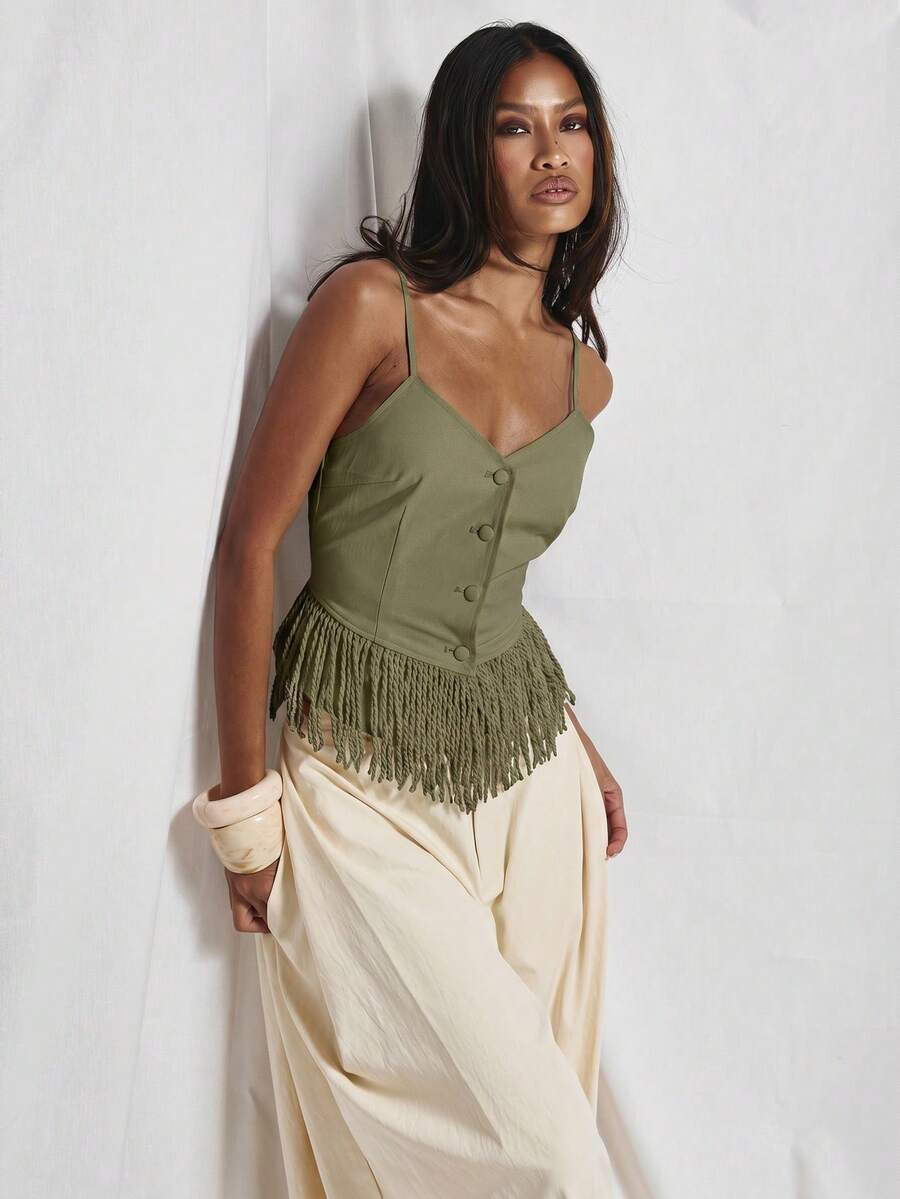 MUSERA V Neck Button Through Tailored Style Fringed Tassle Hem Top Cute Holiday Sexy Night Out Vacation Spring Summer Elegant Soleil Drape - Khaki - View 1