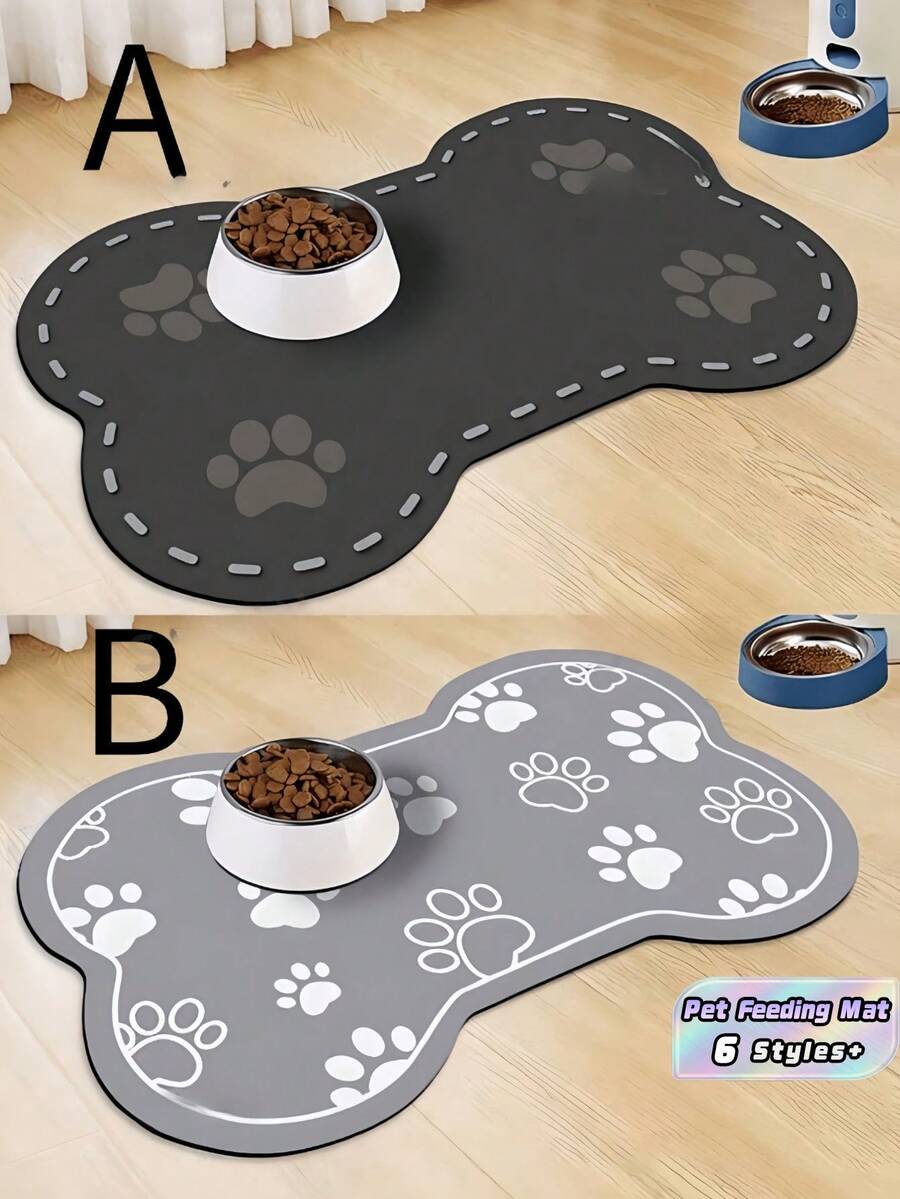 1PC Multi Size Multi Style Cartoon Pet Feeding Mat Super Absorbent Quick Drying Bottom Non Slip Pattern Design Cute Bone Shape Dog Paw Print Mat Neat Edge Skin Friendly Material For Cat Dog Bowl Water Spill Catcher Daily Use Must Have