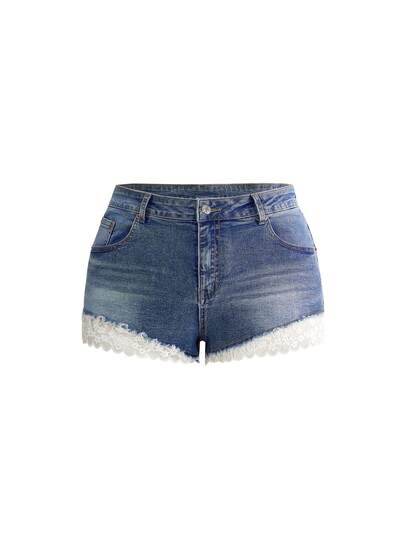 ROMWE Grunge Punk Plus Size Lace Patchwork Slimming Sexy Denim Shorts
