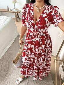 Vionelle Plus Size V-Neck Short Sleeve Floral Print Dress - Red - View 4