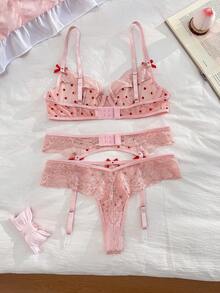 PetitDoll 情人节性感系列钢圈聚拢薄纱内衣套装，3 件套 - 粉色 - 查看 2